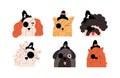 Set of portraits of emotional pirate dogs. Vector illustration in doodle style