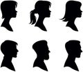 Set of portraits of men and women in profile only the head and shoulders. Black silhouette isolated on white background vector