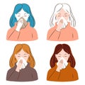 Set of portraits of a sick woman with a runny nose and a handkerchief. The girl is sick with coronavirus or flu.