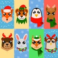Set of portraits of various cute animals on colorful background. Fox tiger penguin deer brown bear bunny squirrel and Royalty Free Stock Photo