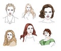 set of portraits of young beautiful women. cartoon sketch on a white background