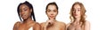 Set of portraits of young beautiful women with nude makeup and perfect smooth skin posing isolated over white background Royalty Free Stock Photo