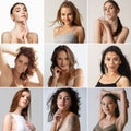 Set of portraits of young beautiful women tenderly posing, looking at camera isolated over grey background. Natural Royalty Free Stock Photo