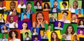 Set of portraits of young diverse men and women with different real emotions, isolated on colorful backgrounds Royalty Free Stock Photo