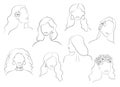 Set of portraits of young women. Line art. Abstract image of people. Modern style. People of different ethnic groups.