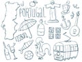 Set of Portugal map, icon, doodles. Hand drawn sketched. Vector Illustration.