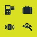 Set Pos terminal, Magnifying glass for search people, Voice assistant and Suitcase travel icon. Vector