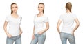 Set pose girl in blank white tshirt mockup design for print and concept template young woman in T-shirt front and side back view Royalty Free Stock Photo