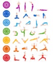 Set of poses elderly woman yoga. Chakra Yoga asana. Chakra systems of human body. Healthy lifestyle. Flat cartoon