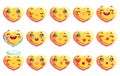 Set of 15 positive emotions heart shaped pixel art emoji in golden color