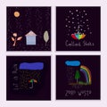 Set of positive illustrations. Star rain falls umbrella rainbow house cute Hand written primitive small sign. Hand drawn postcard