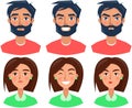 Set of positive and negative face expressions of man and woman. Cute faces, emotions of cartoon characters Royalty Free Stock Photo