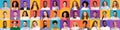 Set Of Positive People Portraits Posing Over Bright Backgrounds, Panorama