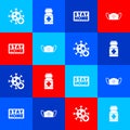 Set Positive virus, Medicine bottle and pills, Stay home and Medical protective mask icon. Vector