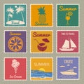 Set Postage stamp summer vacation Sunset Jar Ice Cream Yacht Sailboat Pineapple. Retro vintage design vector