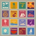 Set Postage stamp summer vacation Sunset Watermelon Jar Ice Cream Yacht Van Sailboat Pineapple Flamingo. Retro vintage