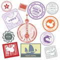 Set of postal China stamps, flag badges, China symbols label prints and hong kong emblem