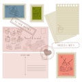 Set of postal elements for design postcard, postage stamps