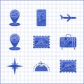 Set Postal stamp and Egypt pyramids, Globe with flying plane, Mountains, Suitcase for travel stickers, Wind rose, Map Royalty Free Stock Photo