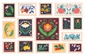 Set Of Postal Stamps With Flowers, Fruits And Berries. Floral Nature-inspired Mail Marks With Pomegranate, Orange