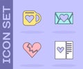 Set Postcard with heart, Coffee cup and, Broken or divorce and Envelope Valentine icon. Vector Royalty Free Stock Photo