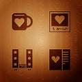 Set Postcard with heart, Coffee cup and, Home stereo two speakers and Photo frames hearts on wooden background. Vector