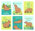 Set of postcards with cute capybaras. Vector graphics