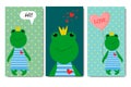 A set of postcards with a cute frog in a crown. Cheerful vector illustration on a colored background. Royalty Free Stock Photo