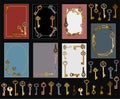 A set of postcards and different keys. Vintage greeting card, background, business card with images of silver, gold and bronze key Royalty Free Stock Photo