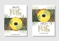 A set of postcards. Fresh pineapple, leaves, flowers and slices. Manual calligraphy of the `Fruit Party`.