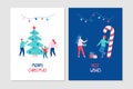 Set of postcards - happy family decorates christmas tree and friends wish each other happy holidays Royalty Free Stock Photo