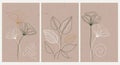 Set of postcards. Line art of flowers on vintage texture, beige colors. Templates, posters