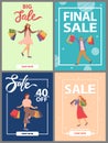 Set of postcards with people buying presents on the cover. Announcement of a sale in the store
