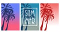 Set of postcards with tropical landscape Collection of summer backgrounds. Palm trees silhouette. Vector illustration