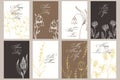 Set of postcards for Valentine\'s Day. Line art flowers and calligraphy. Quotes about love.