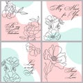 Set of postcards for Valentine\'s Day. Line drawings of flowers and calligraphy. Quotes about love. Templates