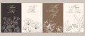 Set of postcards for Valentine\'s Day. Line flowers and calligraphy. Quotes about love. Templates