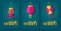 Set poster for indian festival Diwali with paper hanging lantern and text lettering happy Diwali