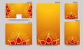 Set of poster and template design with top view of illuminated oil lamps (Diya) on yellow and orange background for Diwali