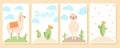 Set of posters with cute llamas and cacti. Vector template of greeting summer cards.