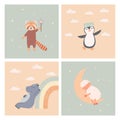 A set of posters for decorating the nursery. Cartoon childish cute animals, penguin, sheep, hippo, red panda. Vector Royalty Free Stock Photo