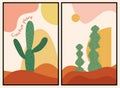 A set of posters with a green cute cactus with yellow flowers grows in the desert against a background of sand and mountains