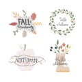 Set of posters with lettering Welcome Autumn, Fall is coming, falling leaves, acorns, flowers, floral elements. Harvest