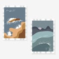 Set of posters with minimalist landscape design. Seascape with mountains, sand, water