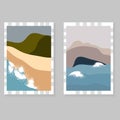 Set of posters with minimalist landscape design. Seascape with mountains, sand, water.