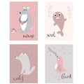 Set of 4 posters mouse, seal, wolf and bird , vector illustration Royalty Free Stock Photo