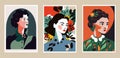 Set of posters with portraits of women. Vector illustration in flat style