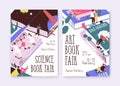 Set of posters for science and art book fair vector illustration. Promo templates with tiny people and giant textbooks