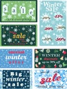 Set of posters for seasonal winter and Christmas sales, discounts and price tags with snowflakes. Vector illustration. Royalty Free Stock Photo