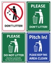 Set of posters and sticker signs with a call please do not litter, keep area clean.